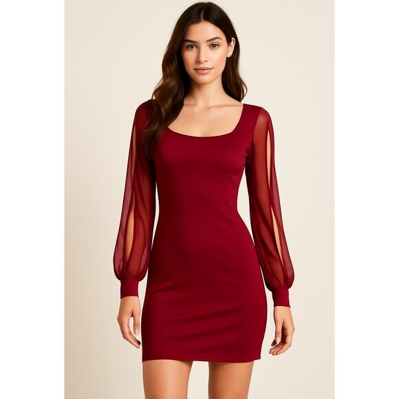 Sweet Storm Burgundy Bodycon Dress M Sheer Split Sleeve Stretch Party Cocktail - Picture 1 of 7